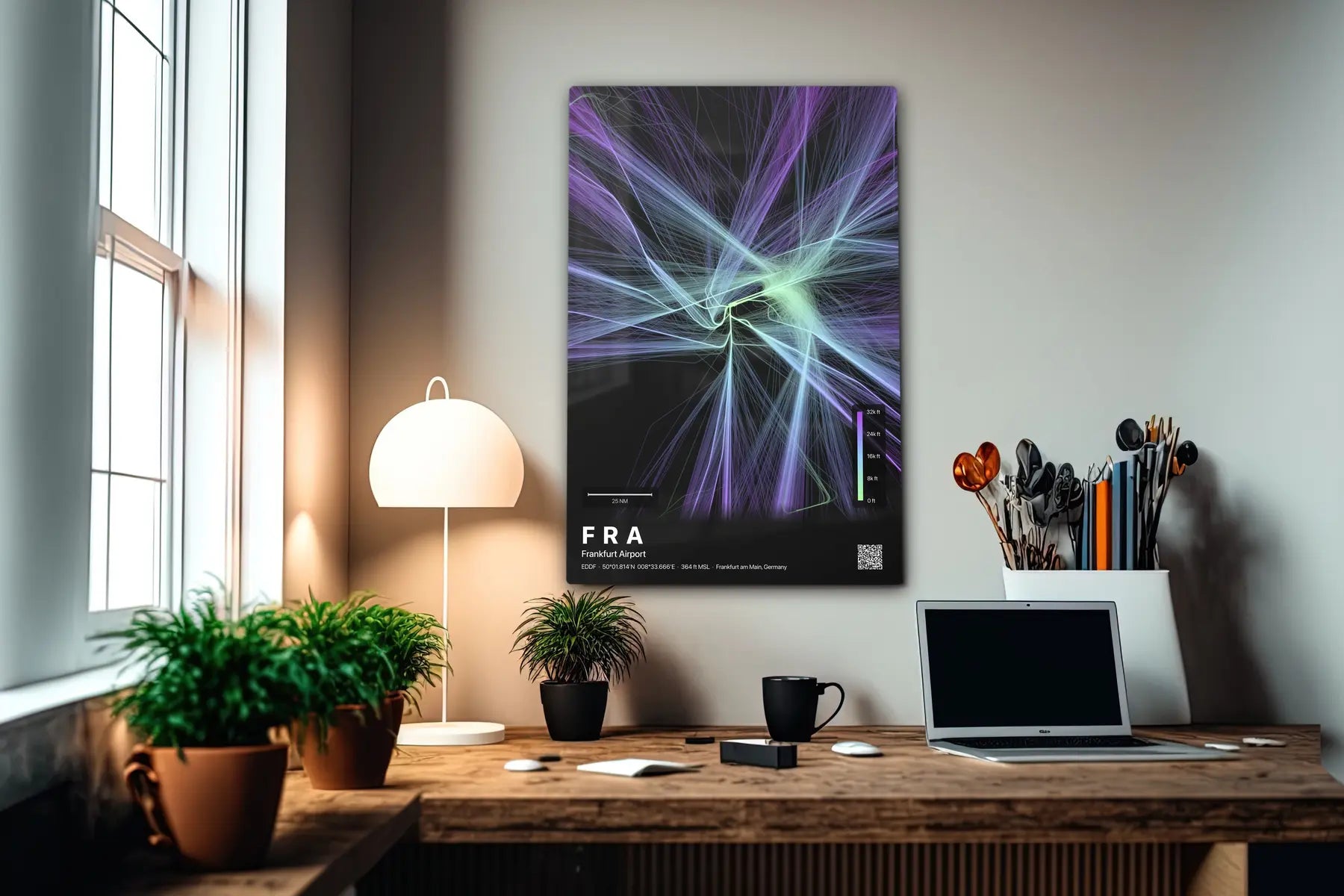 FRA flight path print — Prism theme · Dark in office setting [hotspot:55]