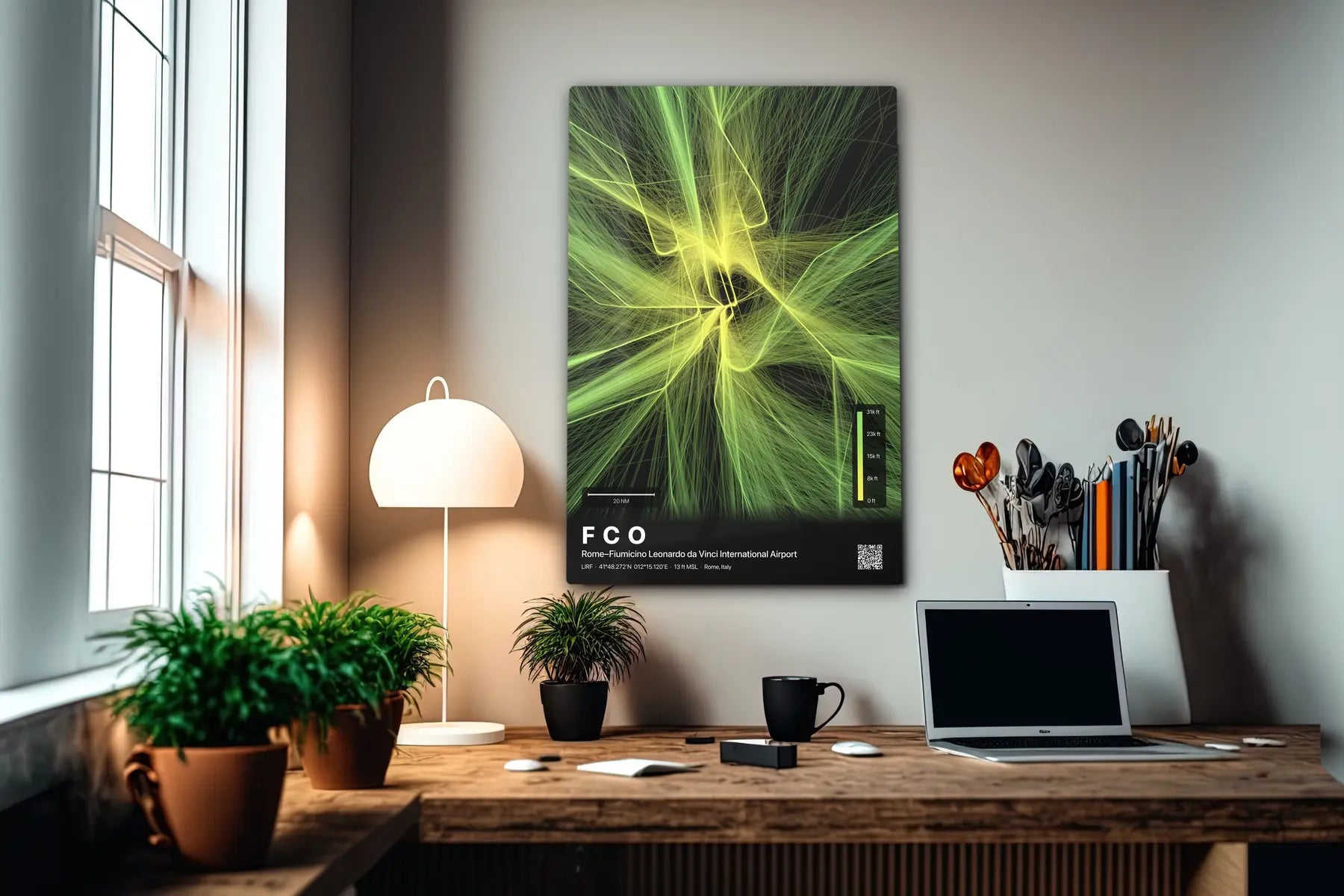 FCO flight path print — Citrus theme · Dark in office setting [hotspot:55]