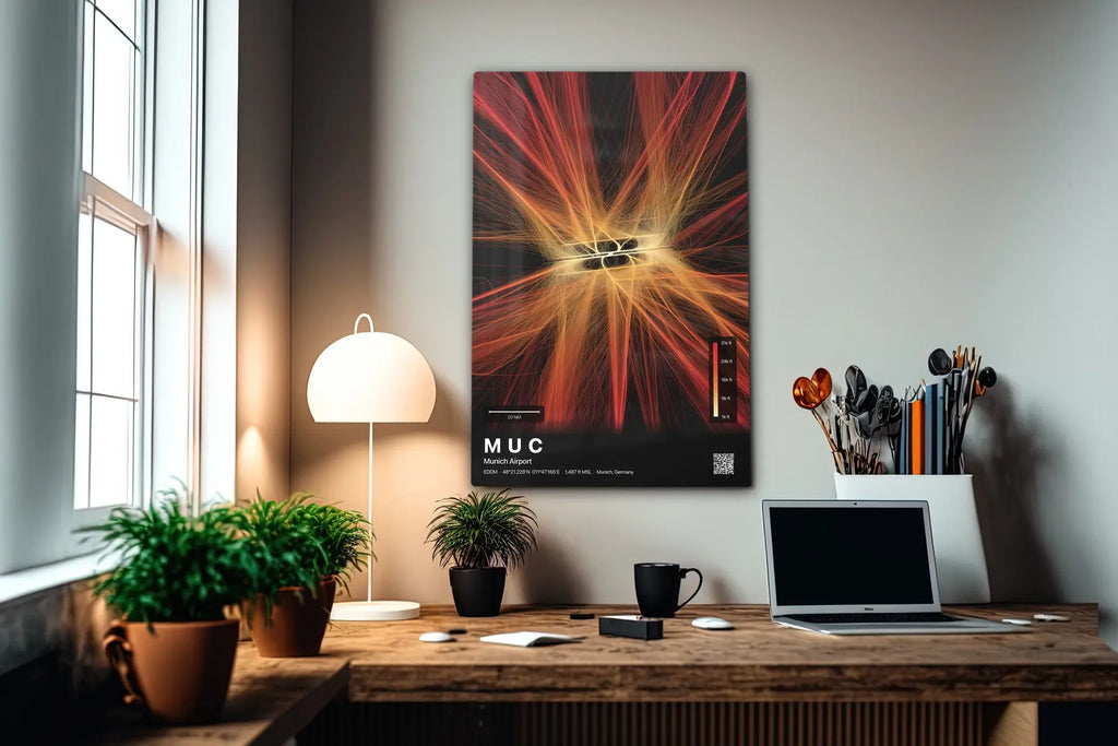 MUC flight path print — Inferno theme · Dark in office setting [hotspot:55]