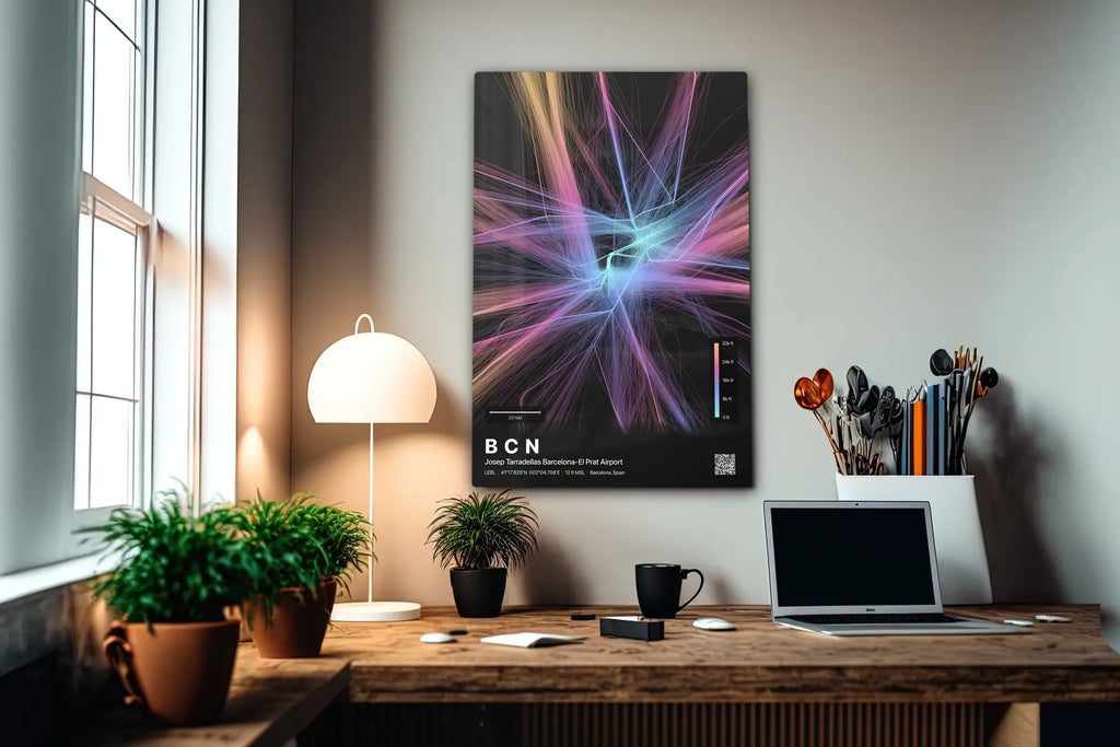 BCN flight path print — Aurora theme · Dark in office setting [hotspot:55]
