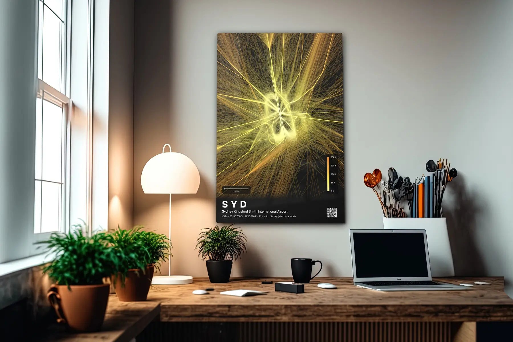 SYD flight path print — Solana theme · Dark in office setting [hotspot:55]
