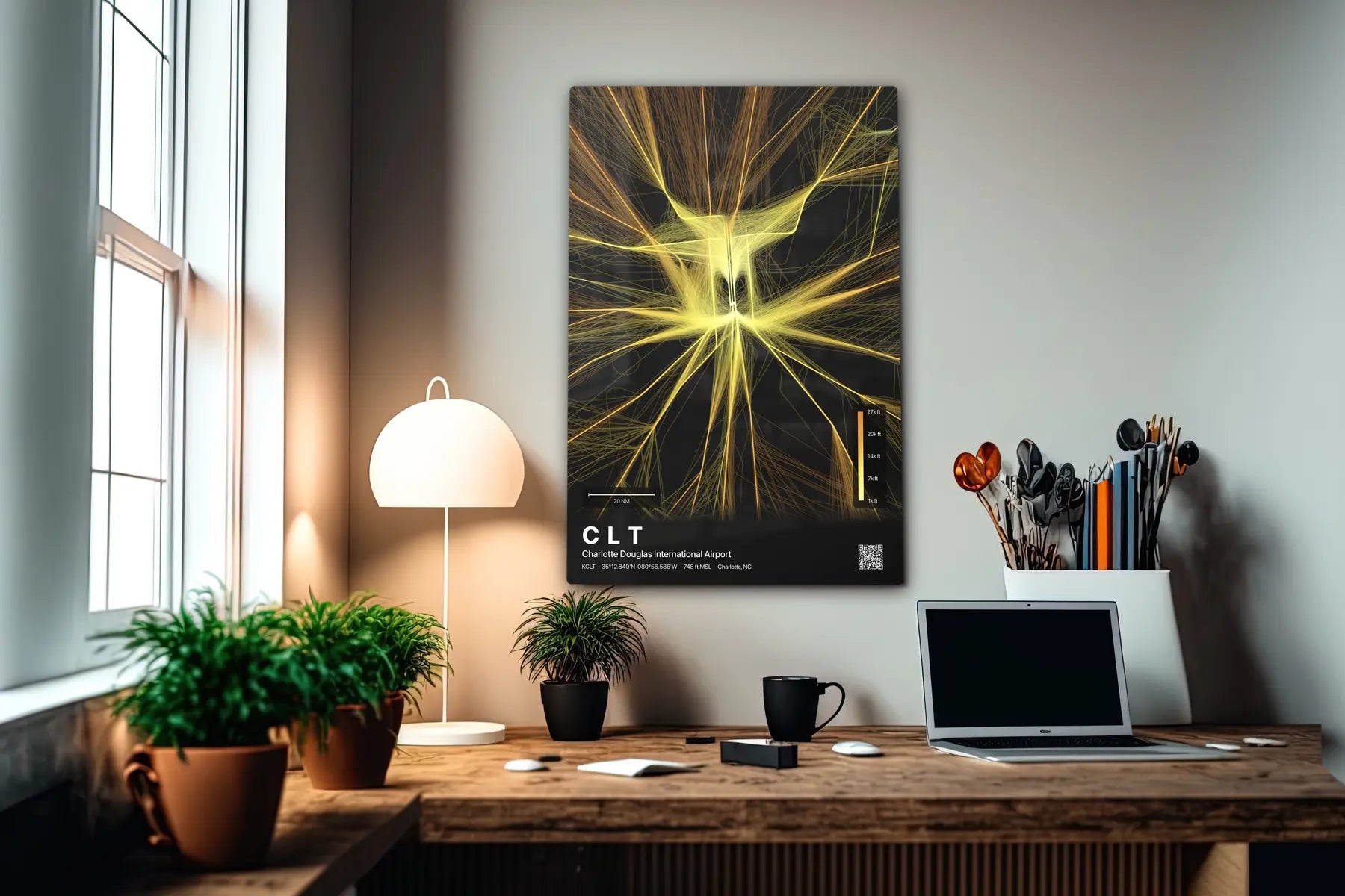 CLT flight path print — Solana theme · Dark in office setting [hotspot:55]