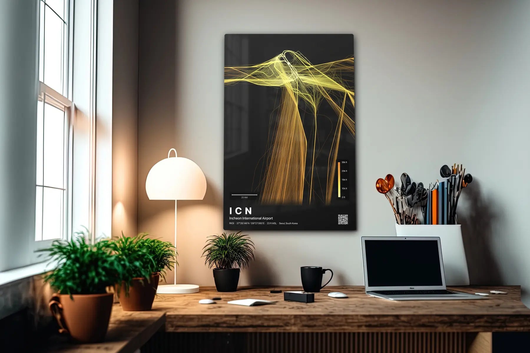 ICN flight path print — Solana theme · Dark in office setting [hotspot:55]