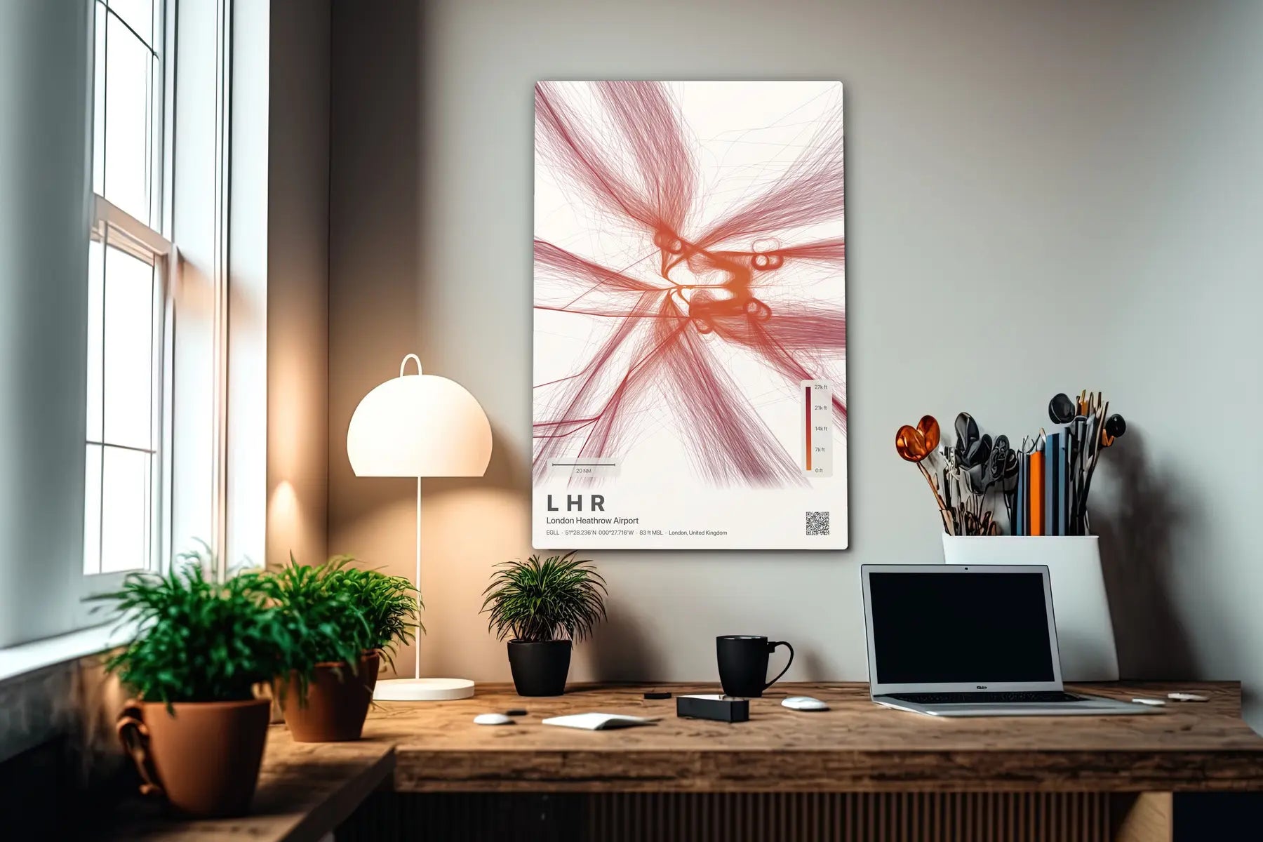 LHR flight path print — Inferno theme · Light in office setting [hotspot:55]