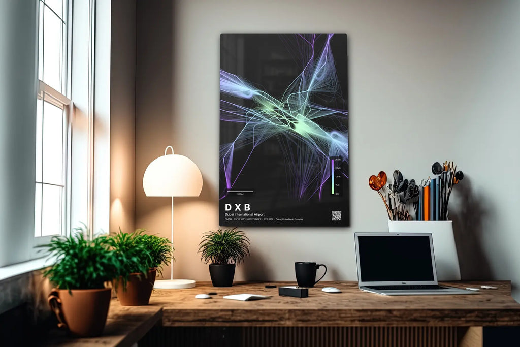 DXB flight path print — Prism theme · Dark in office setting [hotspot:55]