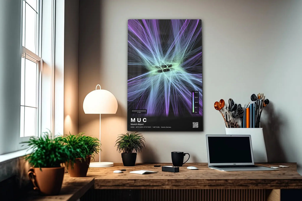 MUC flight path print — Prism theme · Dark in office setting [hotspot:55]