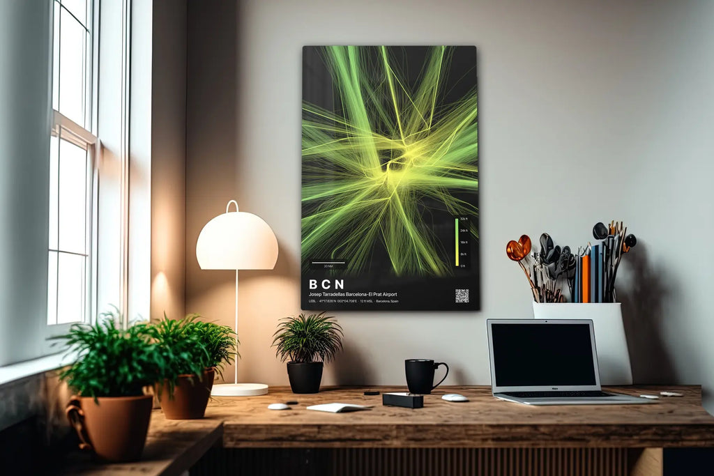 BCN flight path print — Citrus theme · Dark in office setting [hotspot:55]