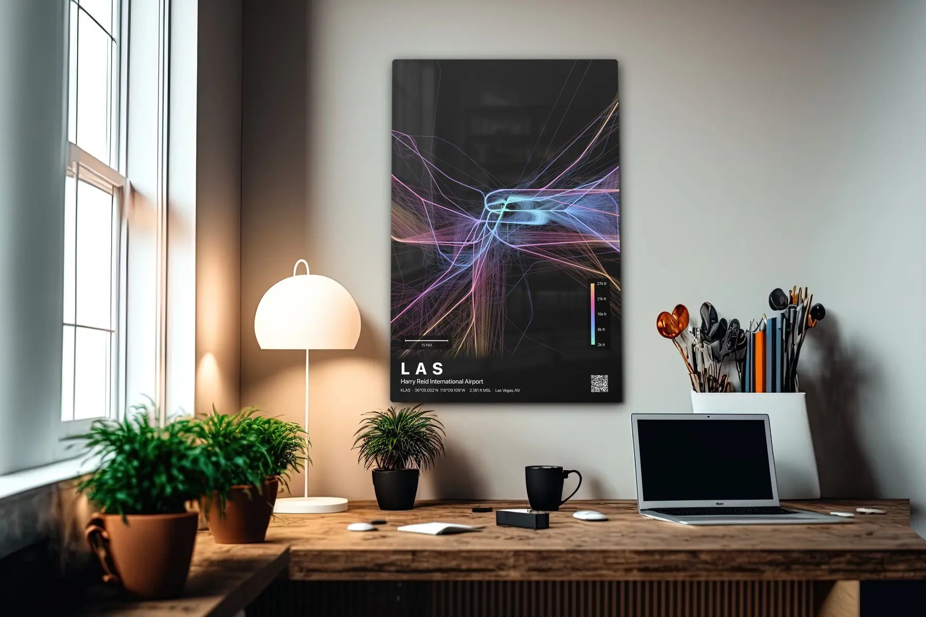 LAS flight path print — Aurora theme · Dark in office setting [hotspot:55]