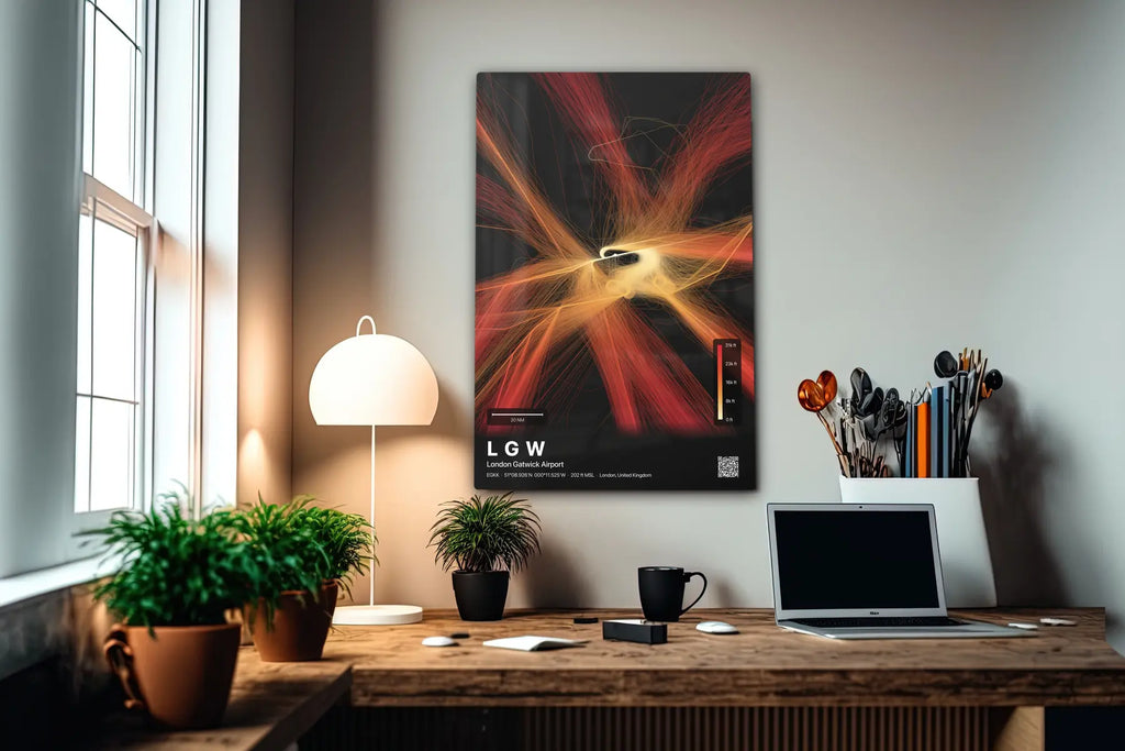 LGW flight path print — Inferno theme · Dark in office setting [hotspot:55]