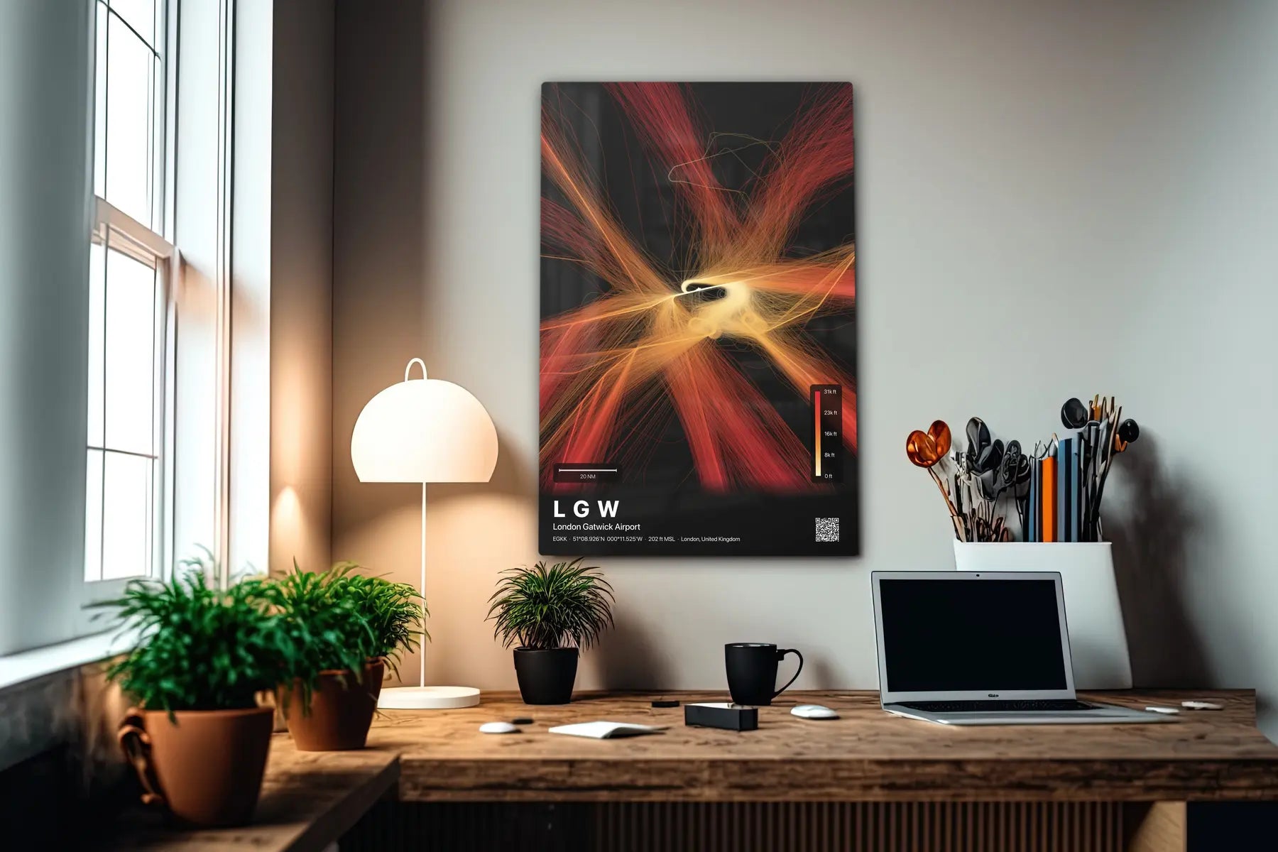 LGW flight path print — Inferno theme · Dark in office setting [hotspot:55]