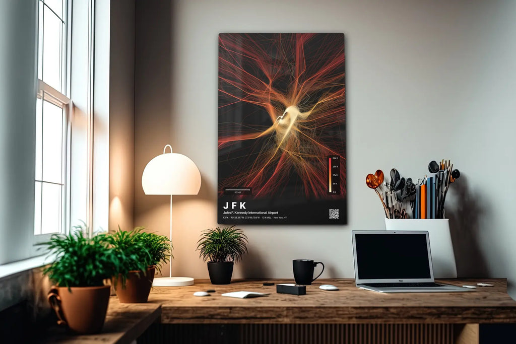 JFK flight path print — Inferno theme · Dark in office setting [hotspot:55]