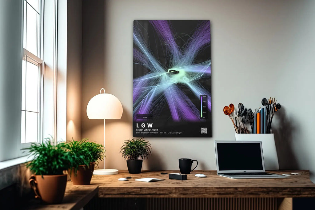 LGW flight path print — Prism theme · Dark in office setting [hotspot:55]