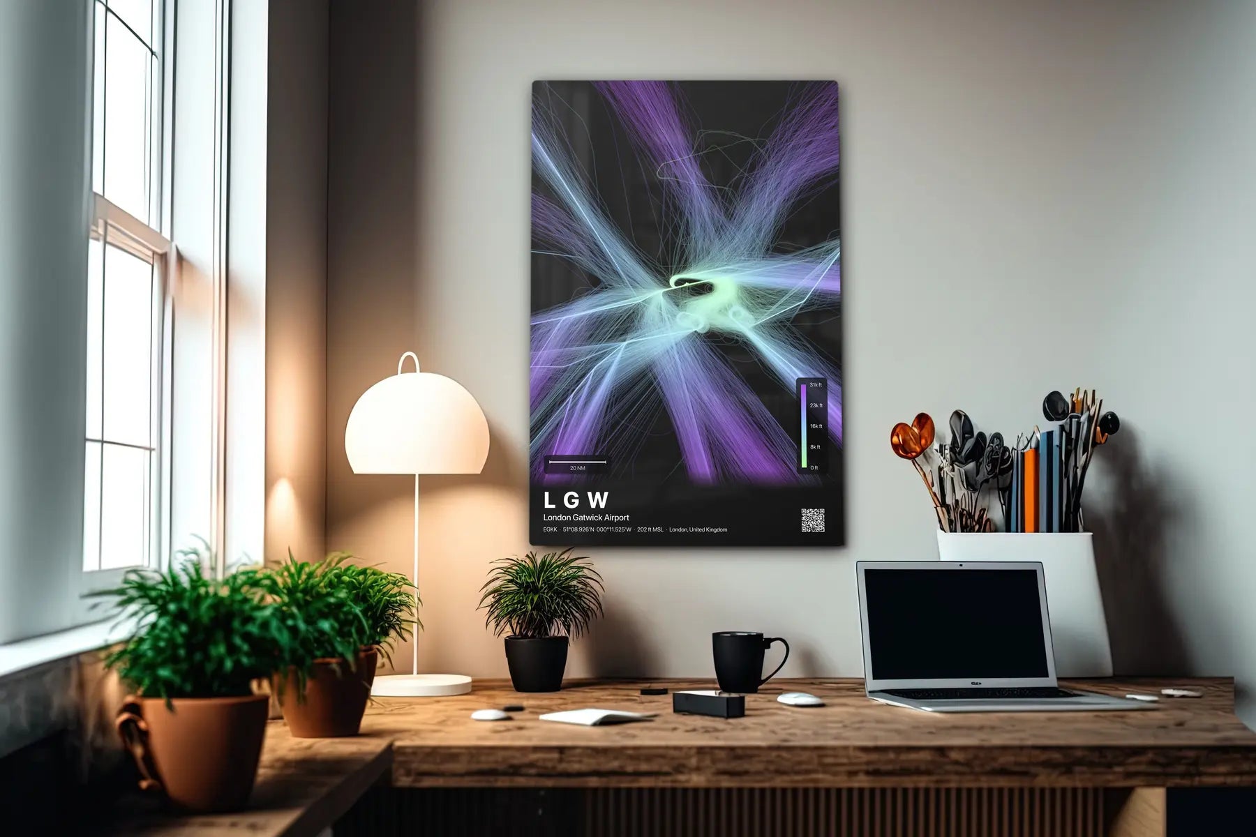 LGW flight path print — Prism theme · Dark in office setting [hotspot:55]