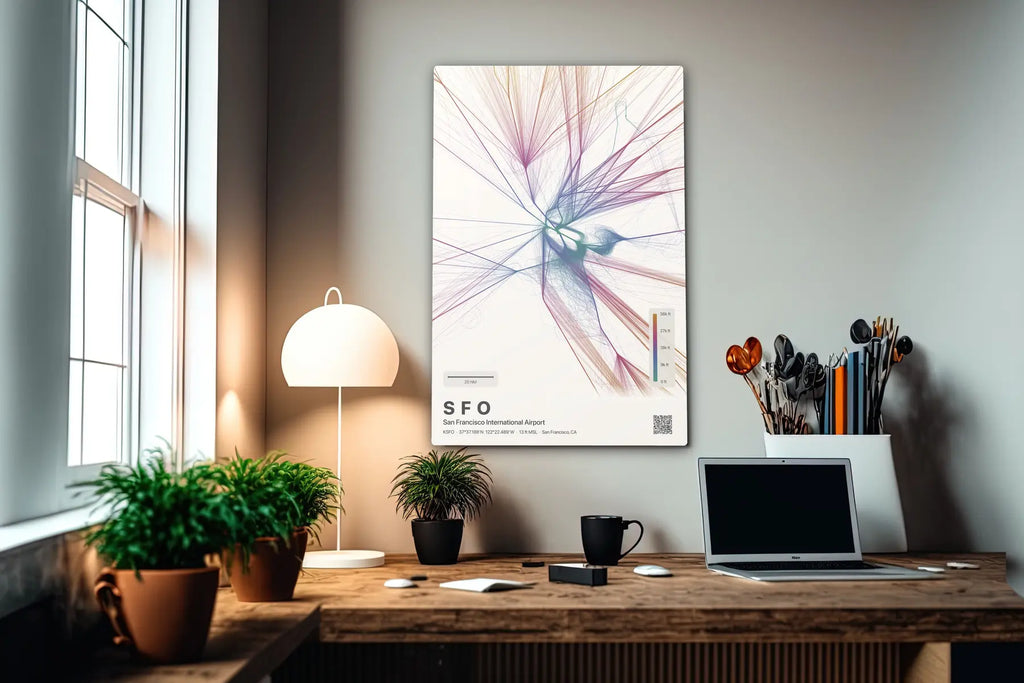 SFO flight path print — Aurora theme · Light in office setting [hotspot:55]