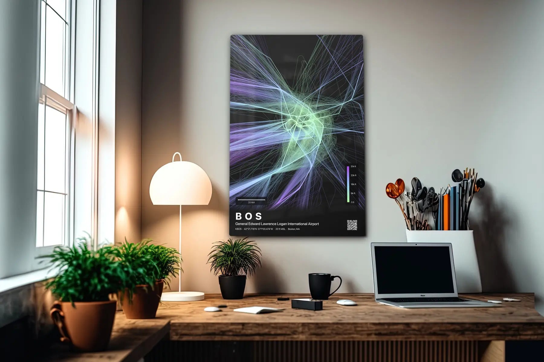 BOS flight path print — Prism theme · Dark in office setting [hotspot:55]