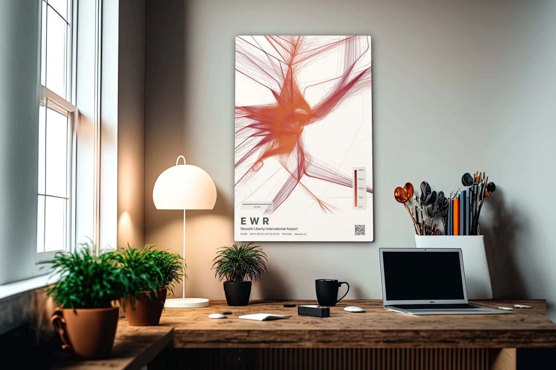 EWR flight path print — Inferno theme · Light in office setting [hotspot:55]