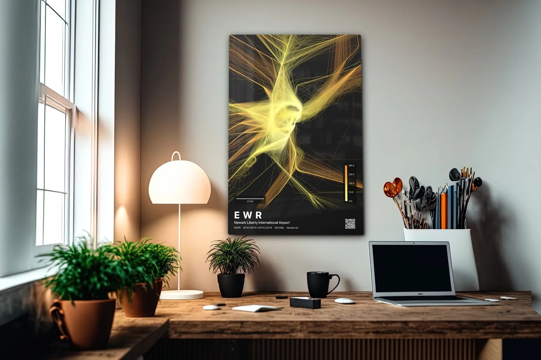 EWR flight path print — Solana theme · Dark in office setting [hotspot:55]