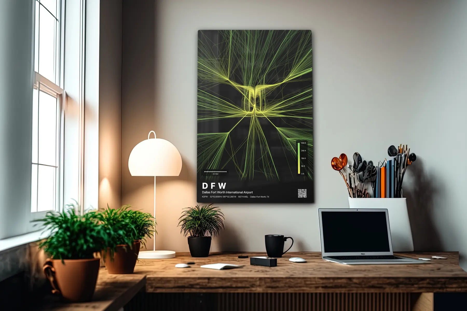 DFW flight path print — Citrus theme · Dark in office setting [hotspot:55]
