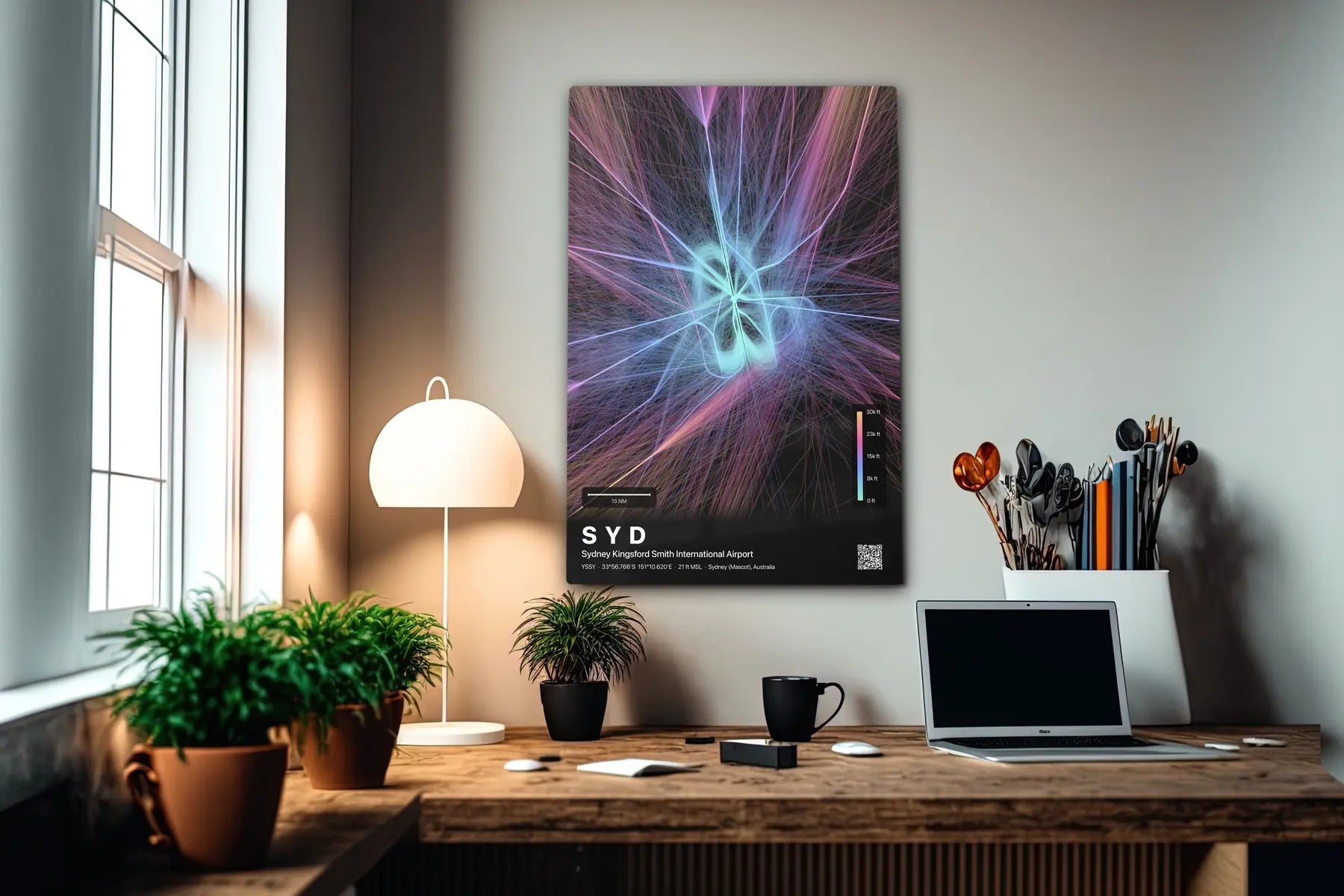 SYD flight path print — Aurora theme · Dark in office setting [hotspot:55]