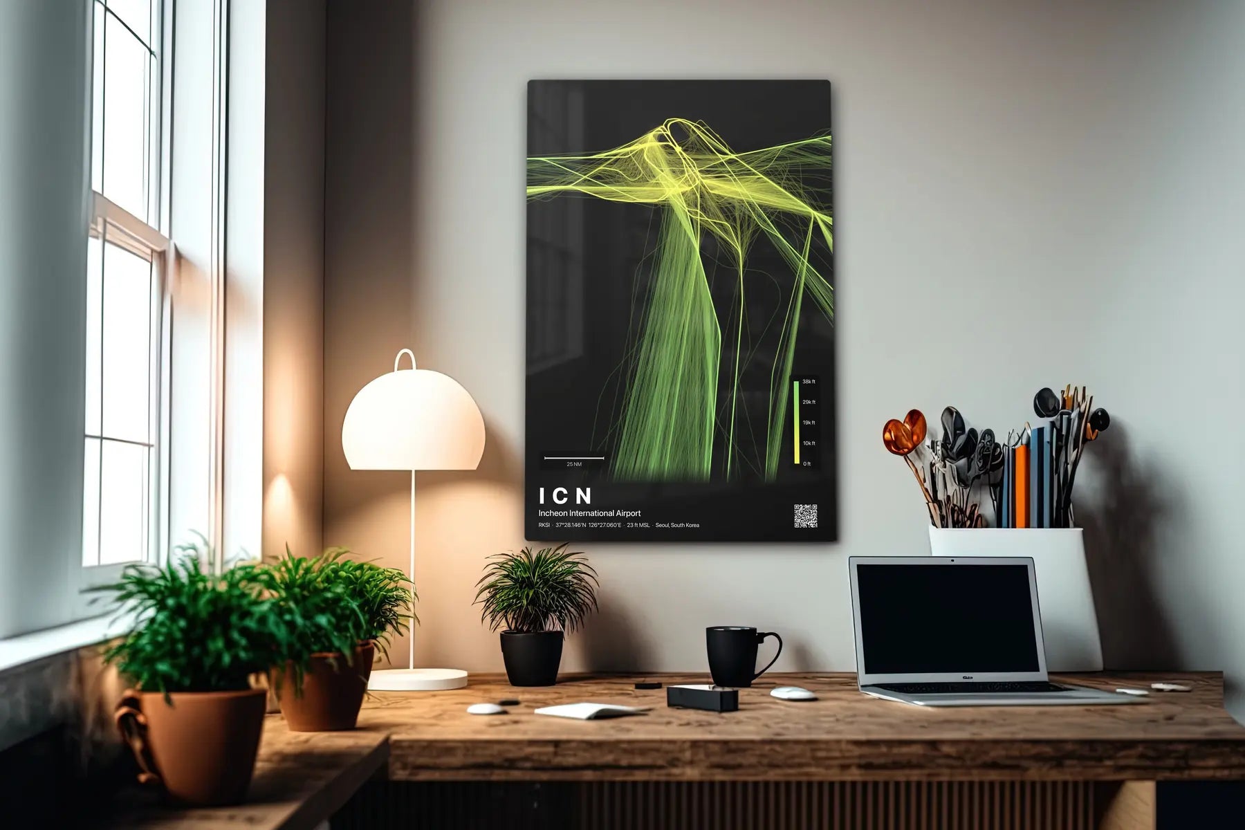 ICN flight path print — Citrus theme · Dark in office setting [hotspot:55]