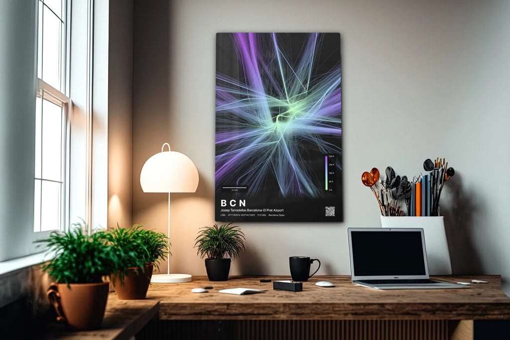 BCN flight path print — Prism theme · Dark in office setting [hotspot:55]