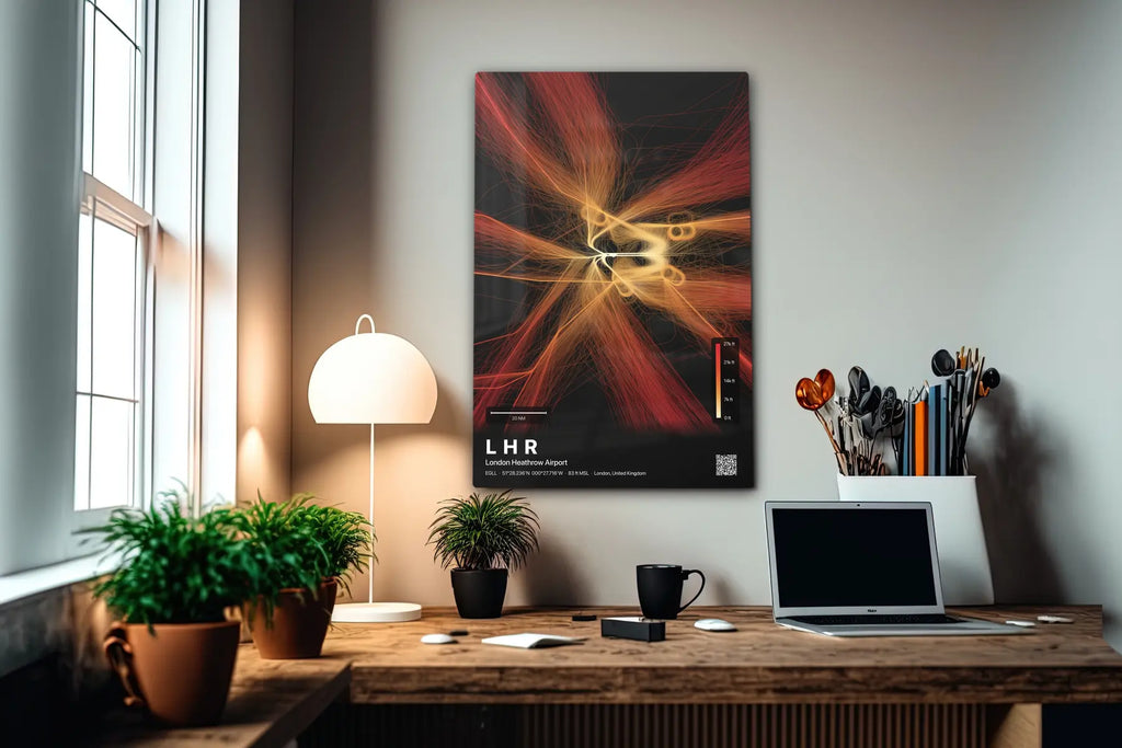 LHR flight path print — Inferno theme · Dark in office setting [hotspot:55]