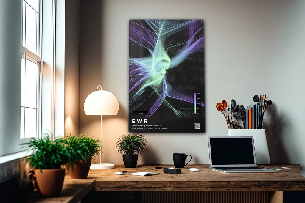 EWR flight path print — Prism theme · Dark in office setting [hotspot:55]