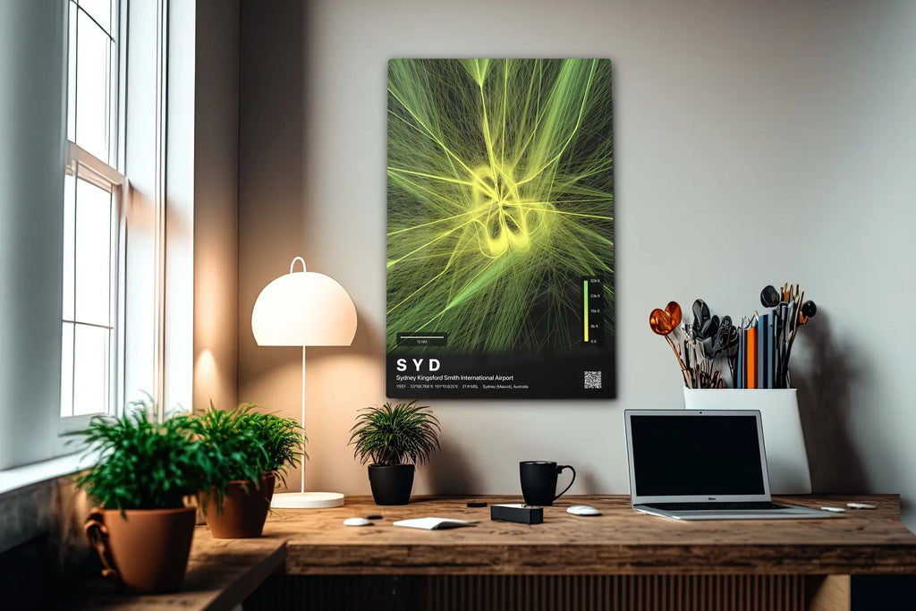 SYD flight path print — Citrus theme · Dark in office setting [hotspot:55]