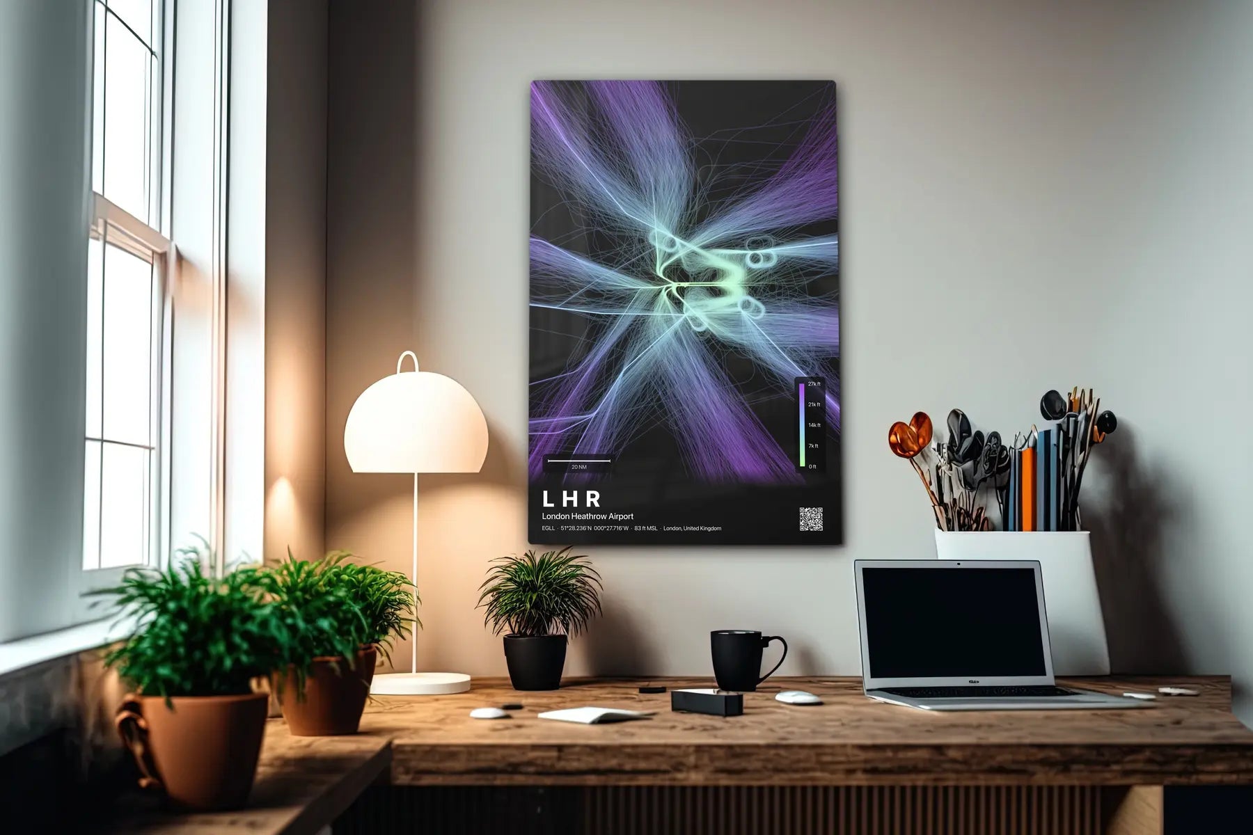 LHR flight path print — Prism theme · Dark in office setting [hotspot:55]