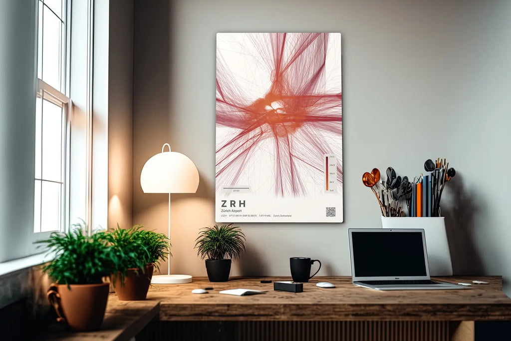 ZRH flight path print — Inferno theme · Light in office setting [hotspot:55]