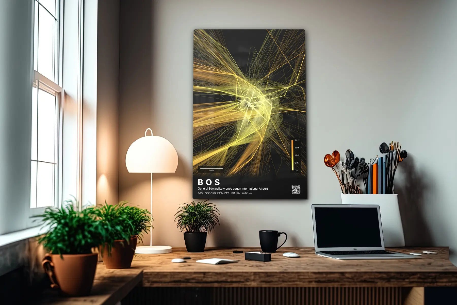 BOS flight path print — Solana theme · Dark in office setting [hotspot:55]