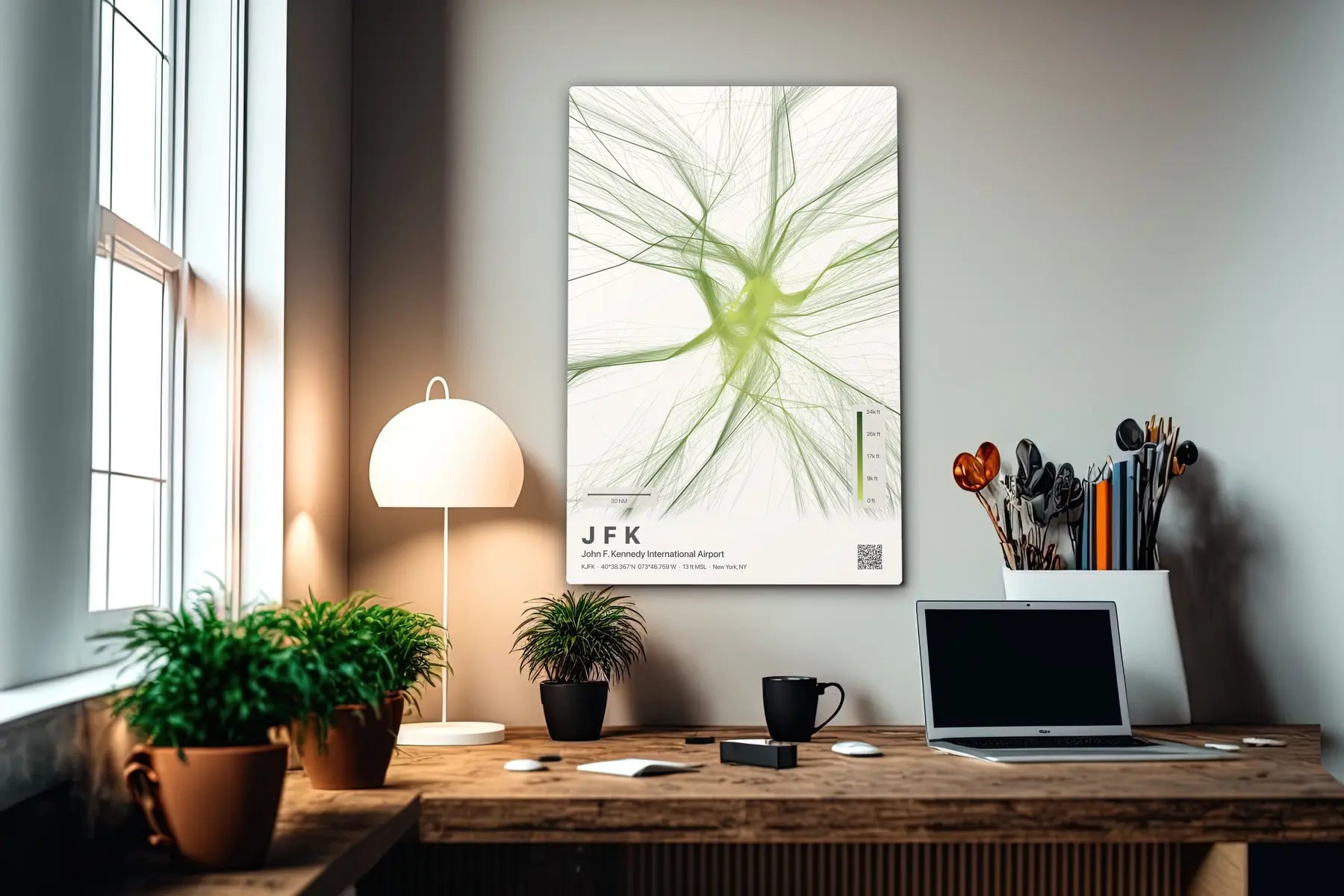 JFK flight path print — Citrus theme · Light in office setting [hotspot:55]