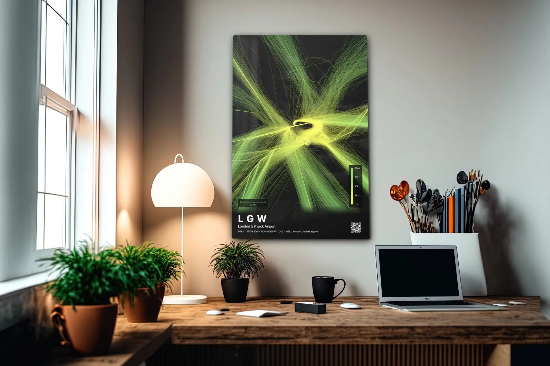 LGW flight path print — Citrus theme · Dark in office setting [hotspot:55]
