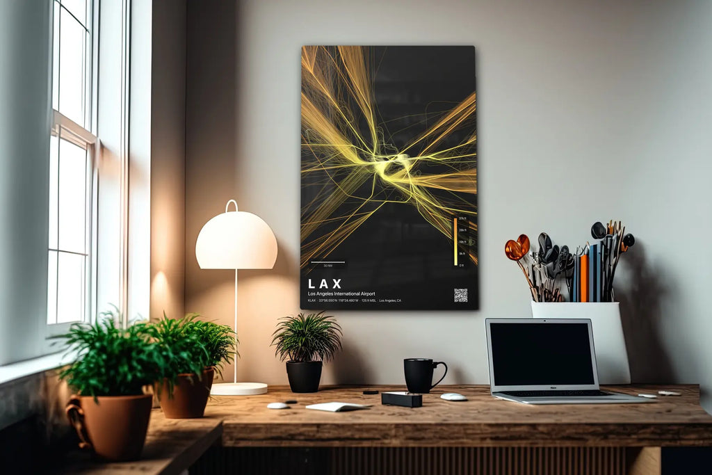 LAX flight path print — Solana theme · Dark in office setting [hotspot:55]