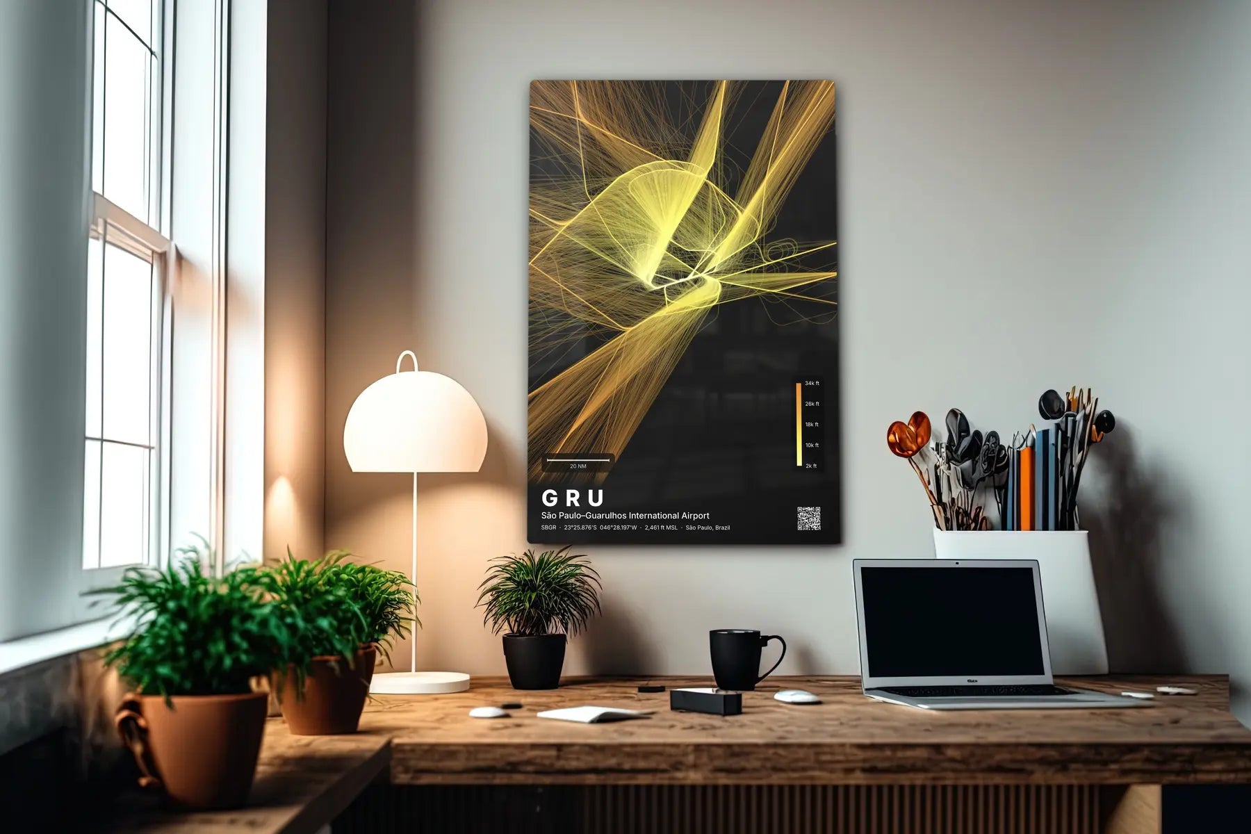GRU flight path print — Solana theme · Dark in office setting [hotspot:55]