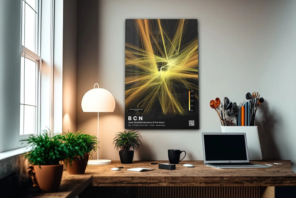 BCN flight path print — Solana theme · Dark in office setting [hotspot:55]