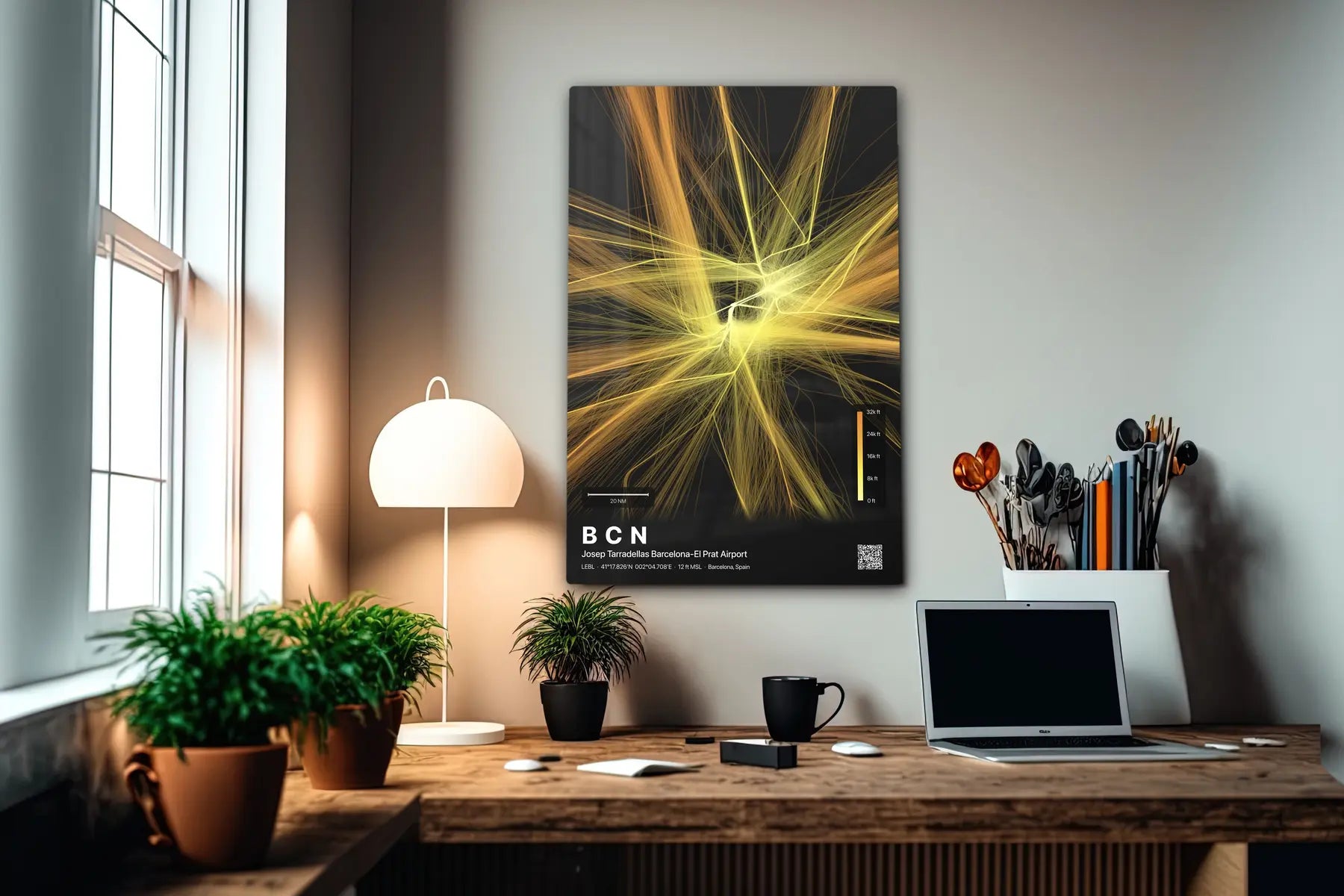 BCN flight path print — Solana theme · Dark in office setting [hotspot:55]
