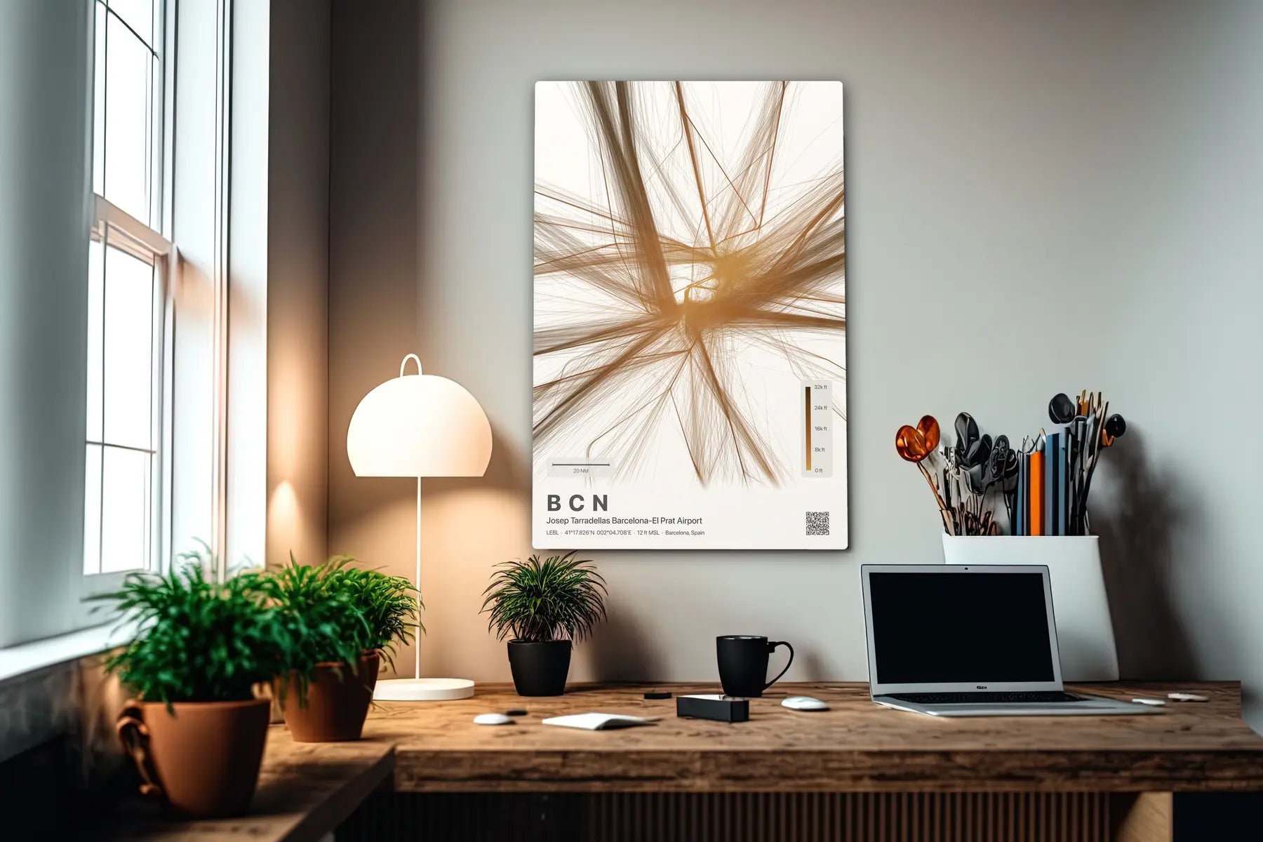 BCN flight path print — Solana theme · Light in office setting [hotspot:55]