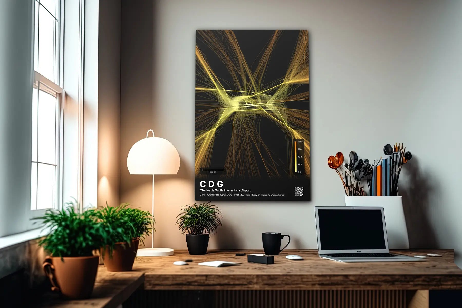 CDG flight path print — Solana theme · Dark in office setting [hotspot:55]