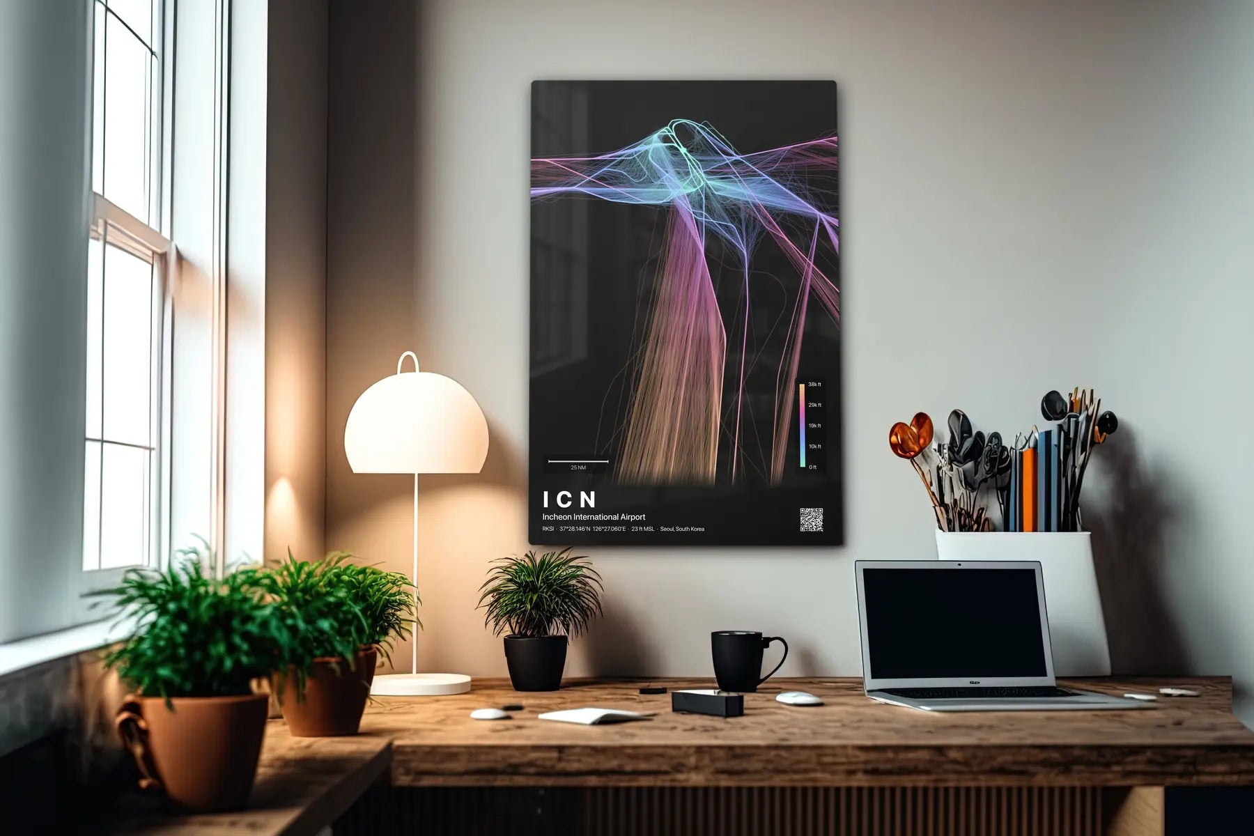 ICN flight path print — Aurora theme · Dark in office setting [hotspot:55]