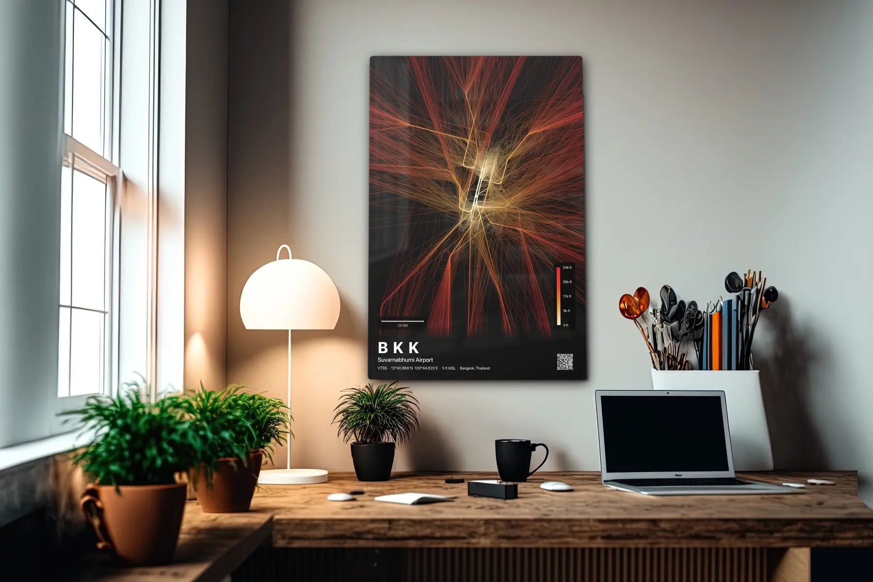 BKK flight path print — Inferno theme · Dark in office setting [hotspot:55]