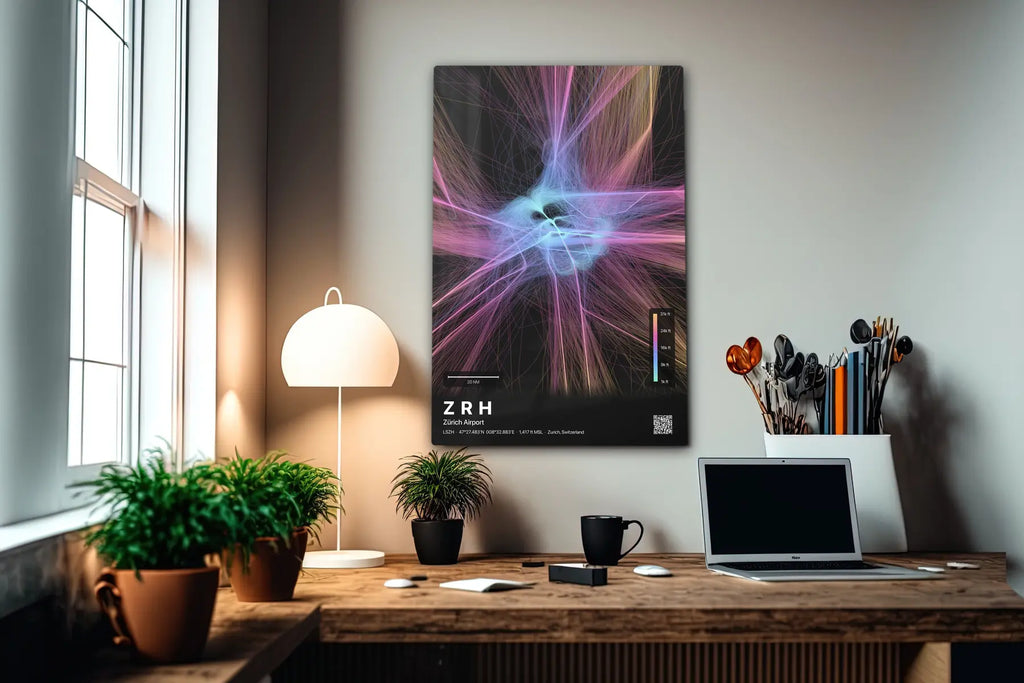 ZRH flight path print — Aurora theme · Dark in office setting [hotspot:55]