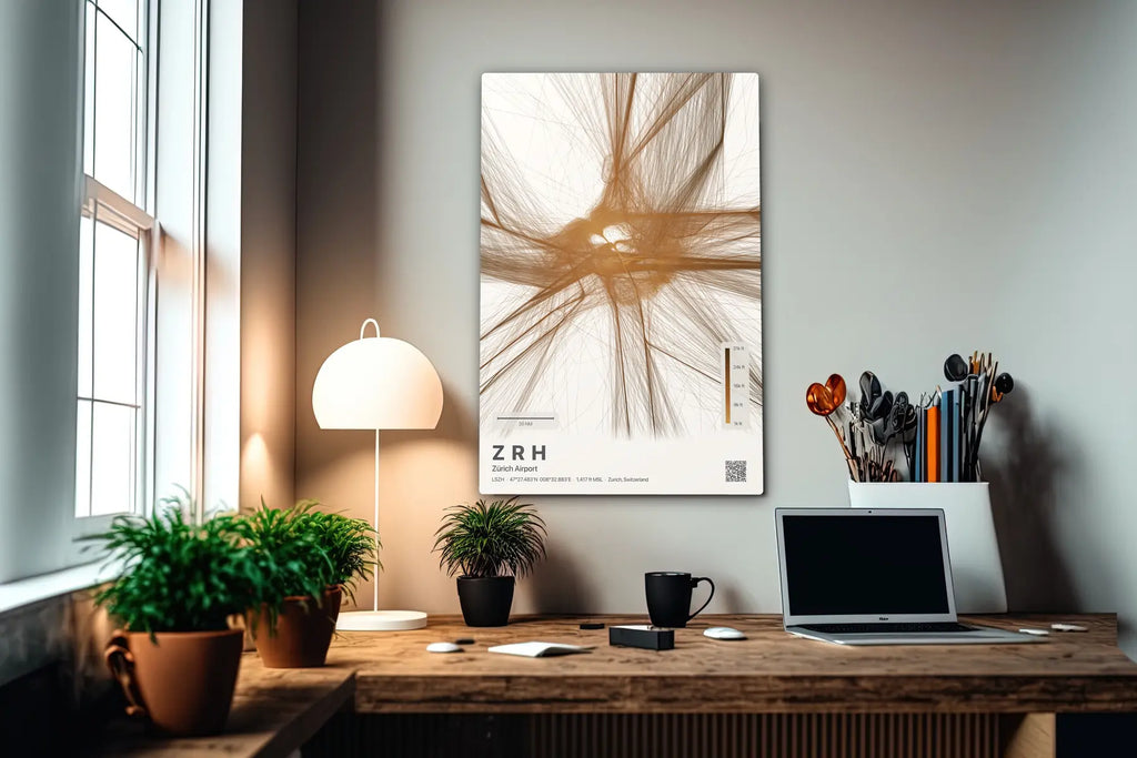 ZRH flight path print — Solana theme · Light in office setting [hotspot:55]