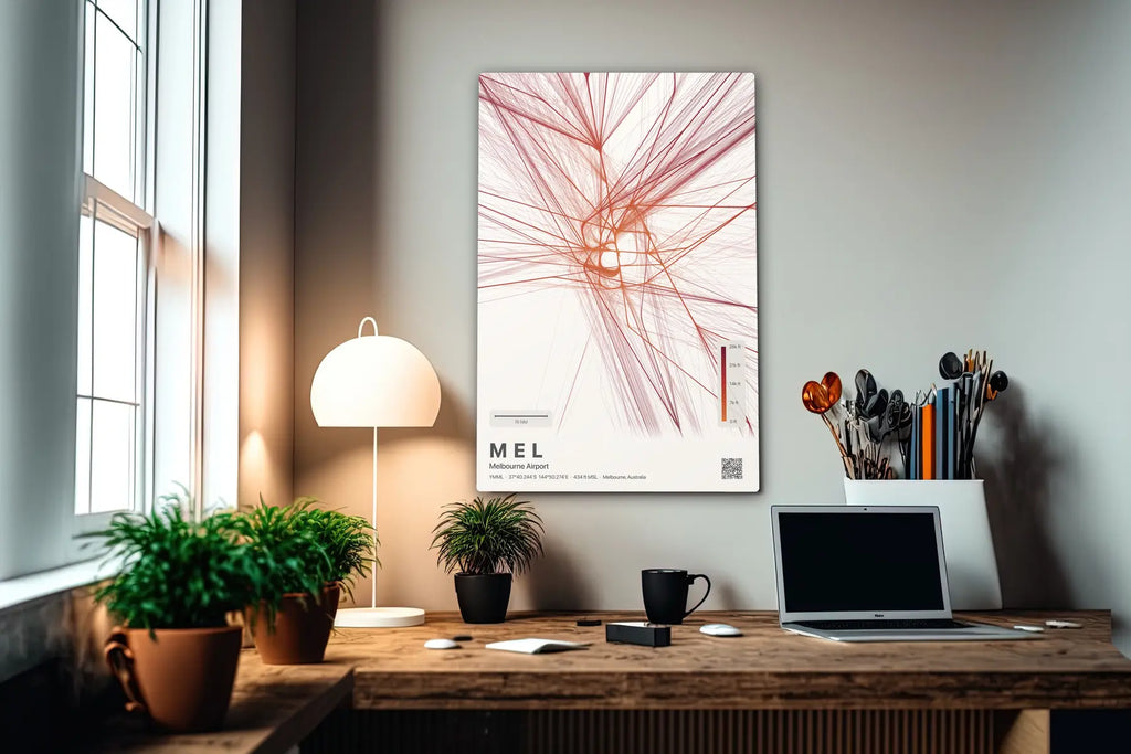 MEL flight path print — Inferno theme · Light in office setting [hotspot:55]