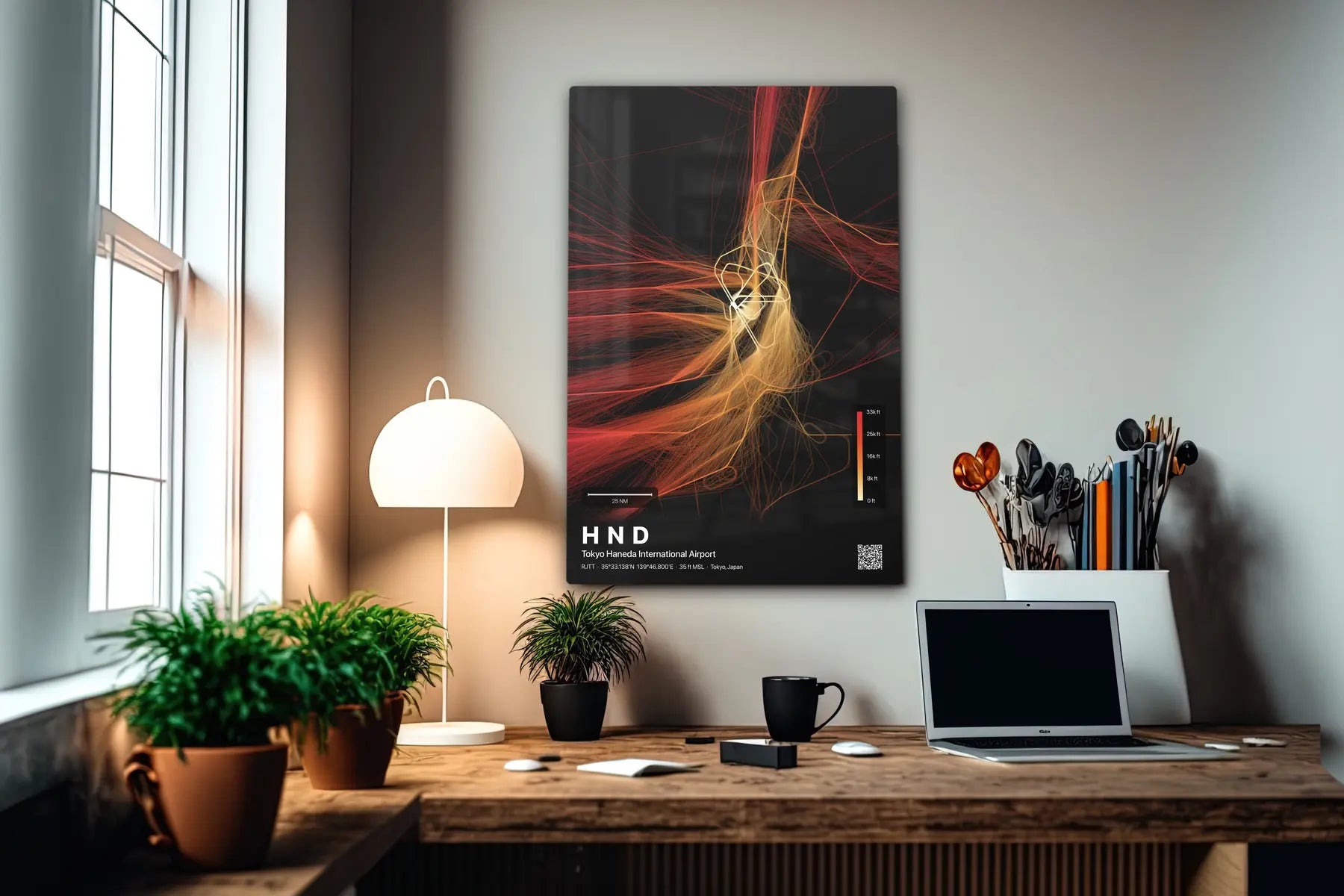 HND flight path print — Inferno theme · Dark in office setting [hotspot:55]
