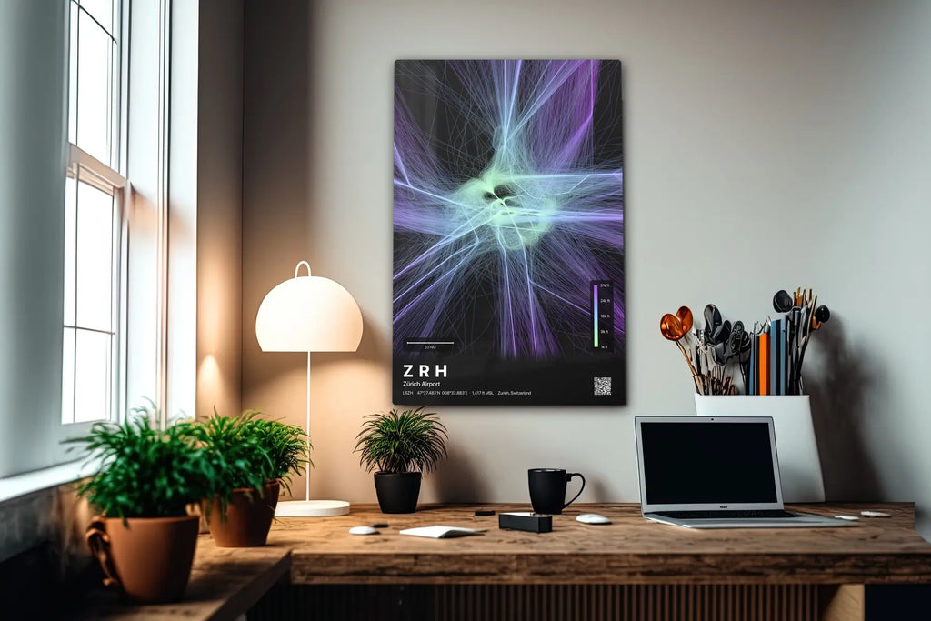 ZRH flight path print — Prism theme · Dark in office setting [hotspot:55]