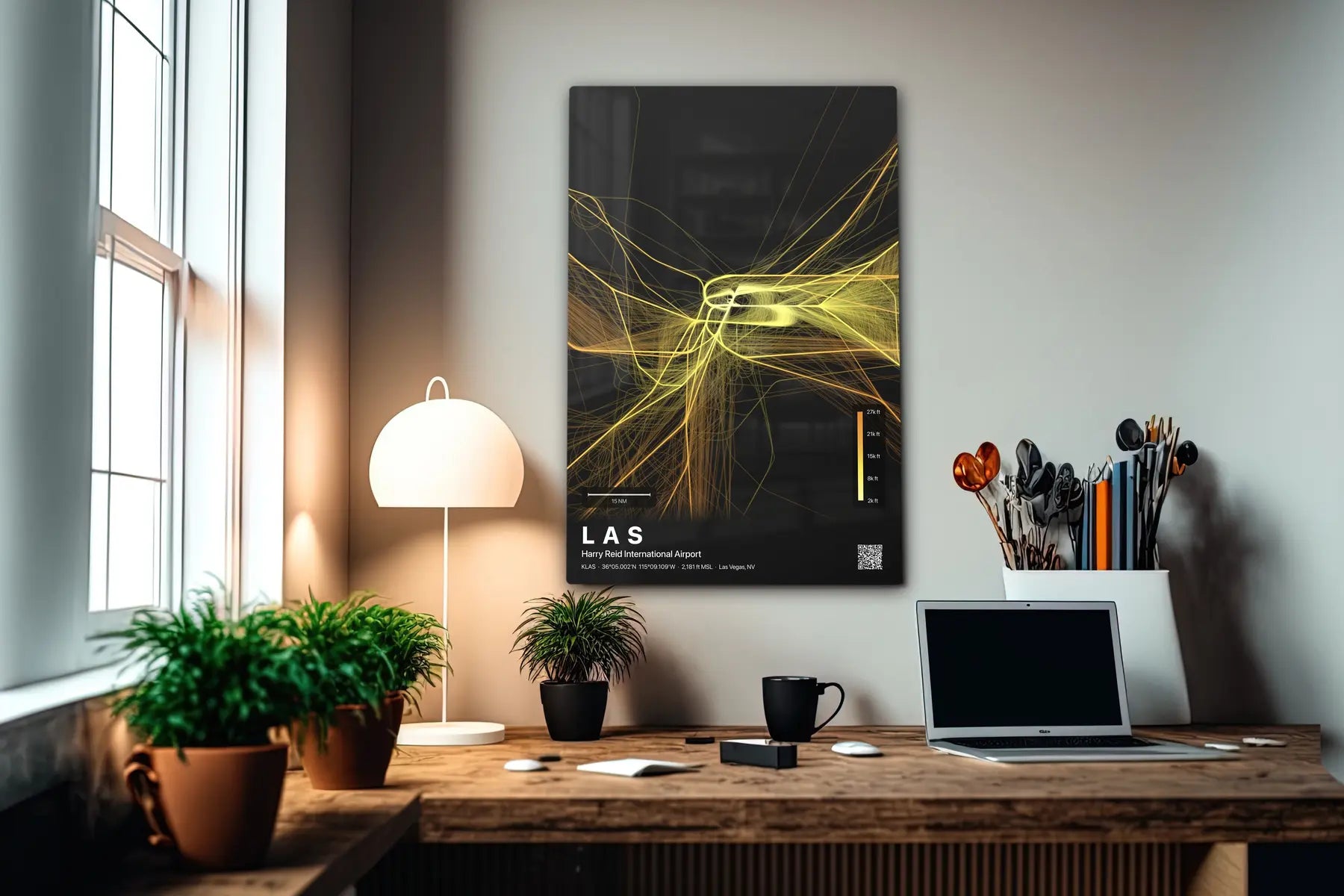 LAS flight path print — Solana theme · Dark in office setting [hotspot:55]