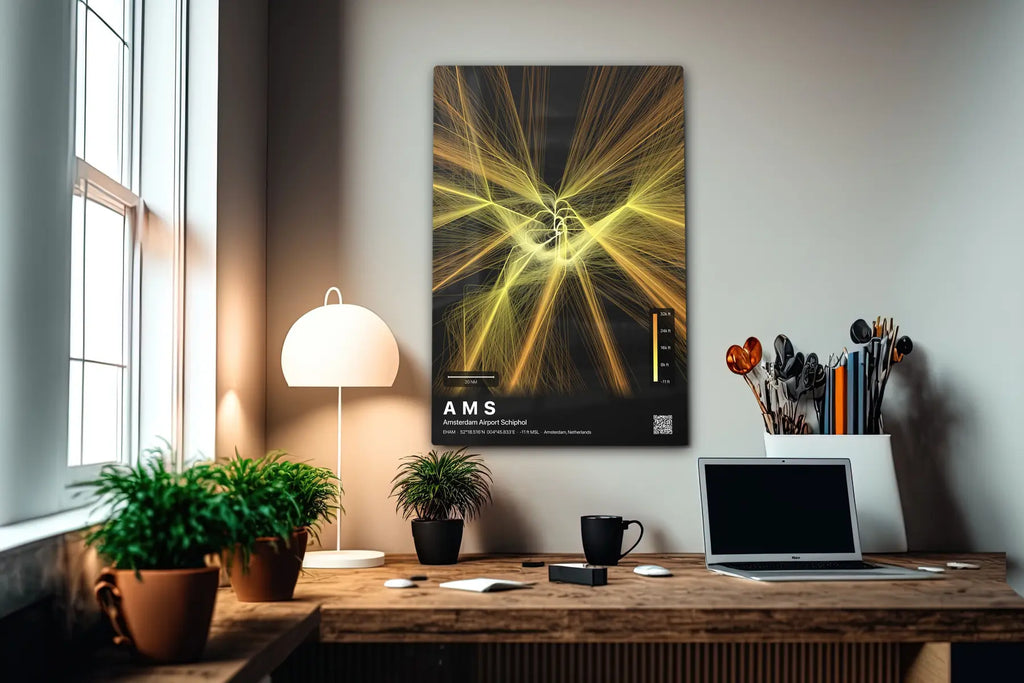 AMS flight path print — Solana theme · Dark in office setting [hotspot:55]