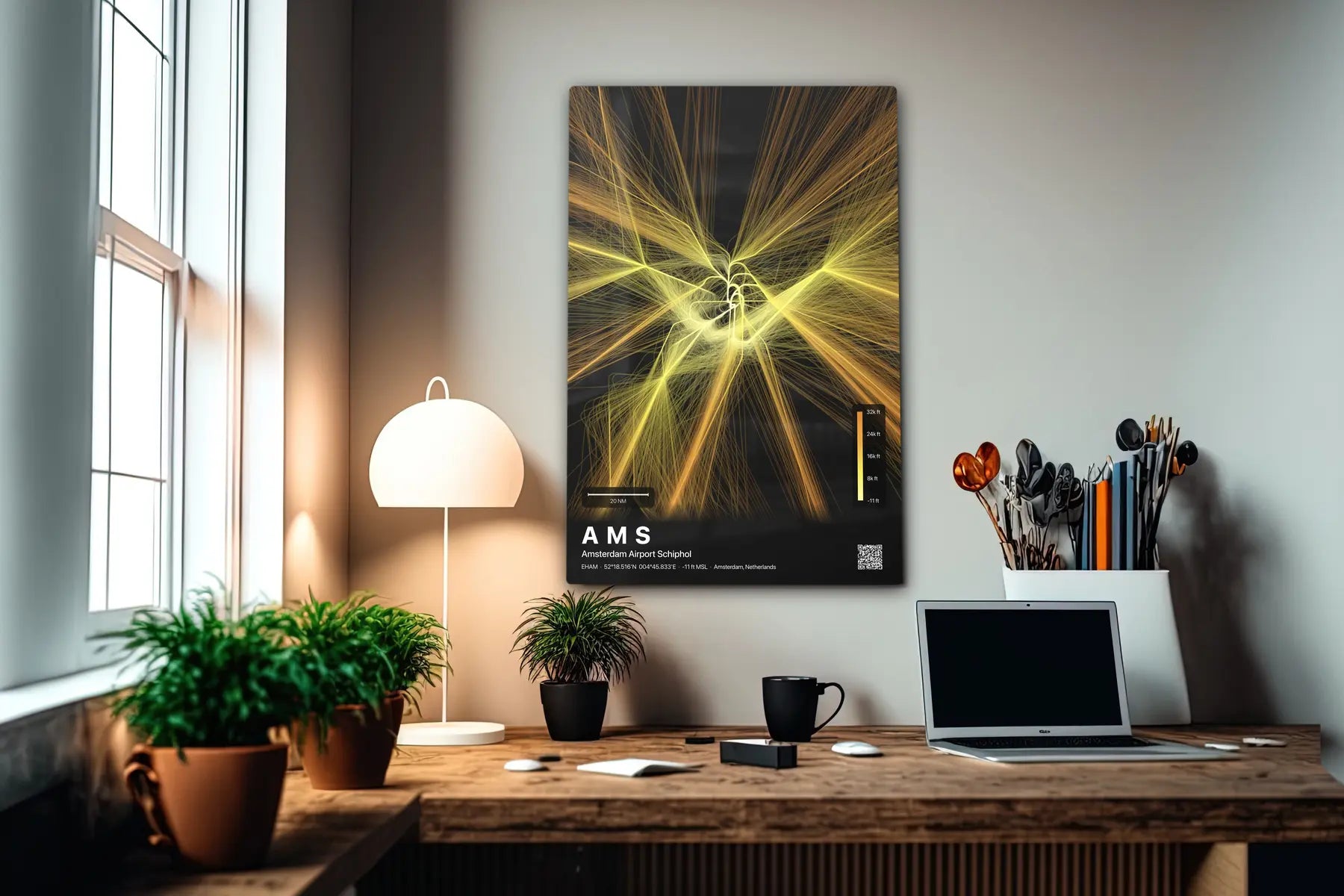 AMS flight path print — Solana theme · Dark in office setting [hotspot:55]