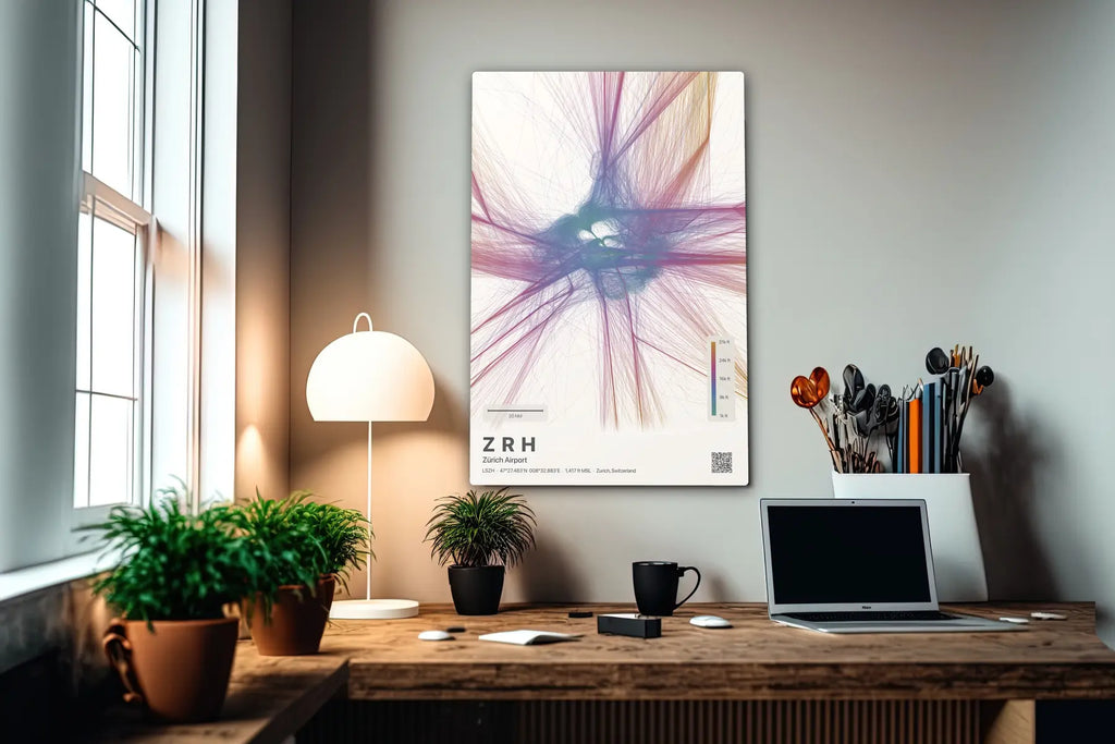 ZRH flight path print — Aurora theme · Light in office setting [hotspot:55]